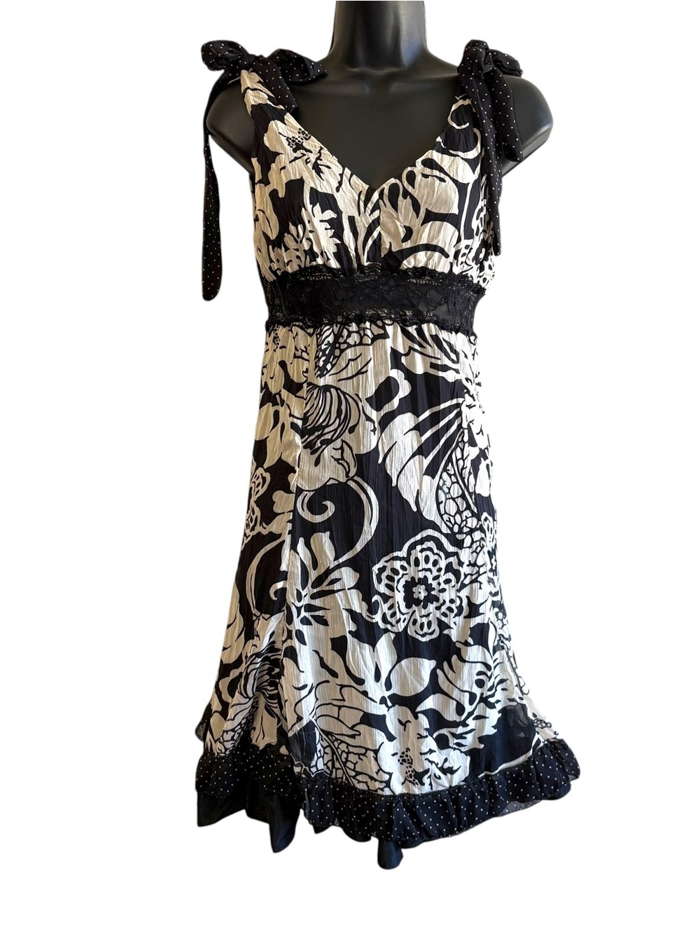 Vintage Y2K Made In Italy Black White Floral Lace Polka Dot Babydoll Dress Party
